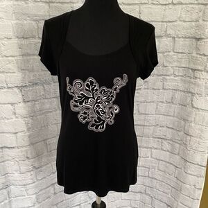 White House black market scoopneck top w/silver studded floral print women sz M